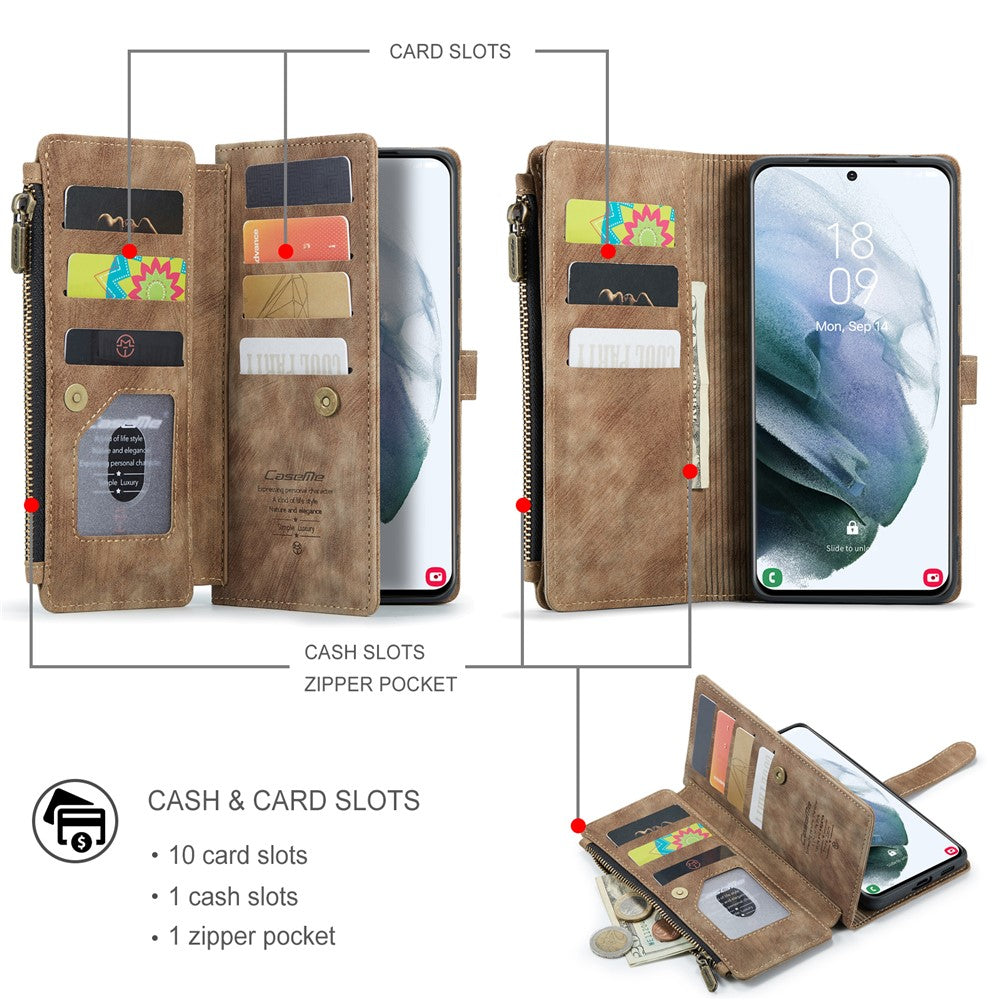 For Samsung Galaxy S22 5G Phone Cases with Strap CASEME C30 Zipper Multiple Card Holder PU Leather Cover