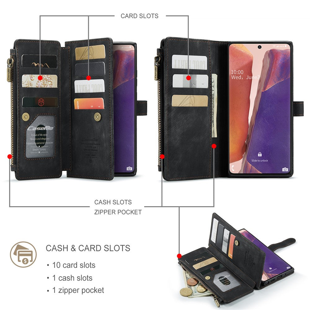 For Samsung Galaxy Note20 / Note20 5G Phone Cases with Strap CASEME C30 Zipper Multiple Card Holder PU Leather Cover