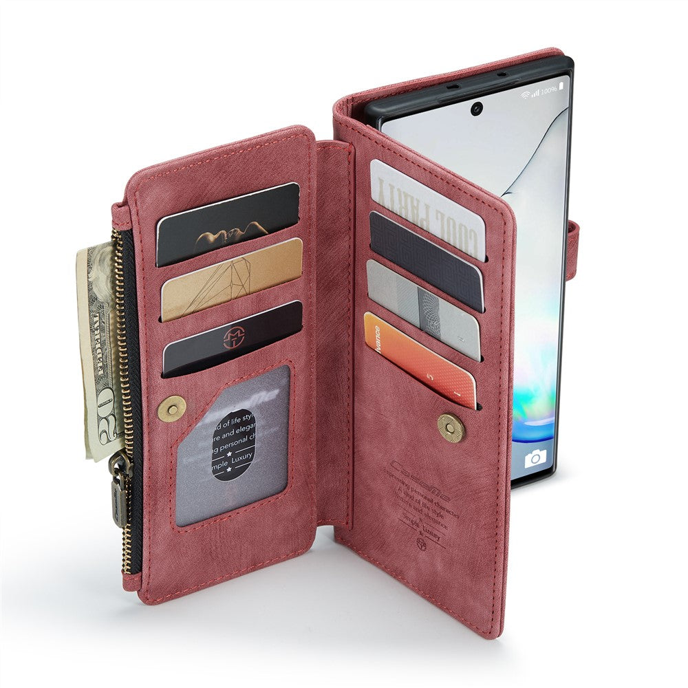 For Samsung Galaxy Note 10 Phone Cases with Strap CASEME C30 Zipper Multiple Card Holder PU Leather Cover