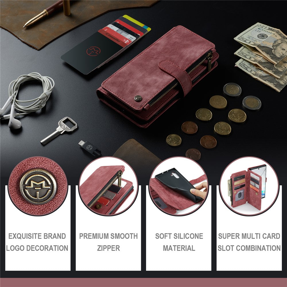 For Samsung Galaxy Note 10 Phone Cases with Strap CASEME C30 Zipper Multiple Card Holder PU Leather Cover