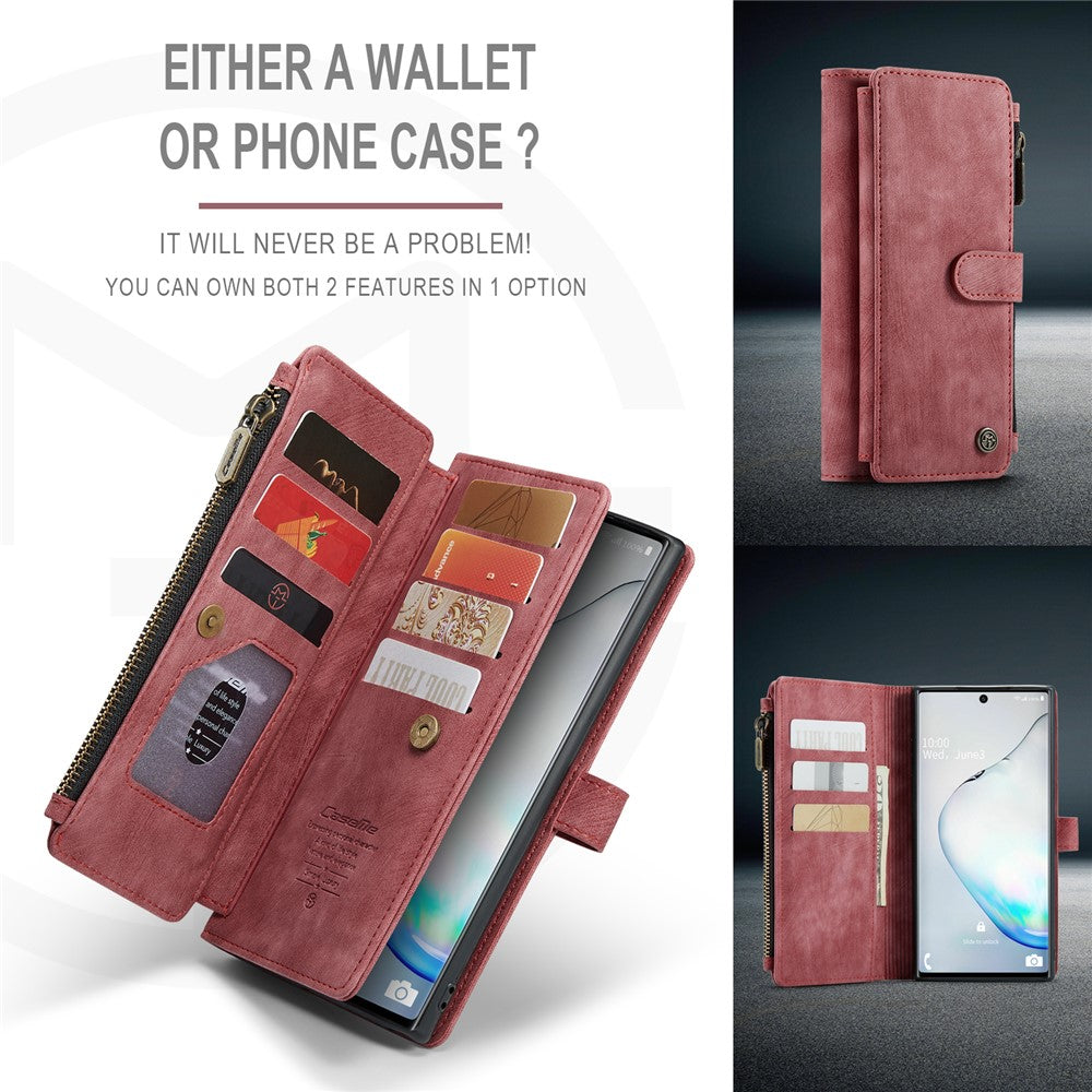 For Samsung Galaxy Note 10 Phone Cases with Strap CASEME C30 Zipper Multiple Card Holder PU Leather Cover