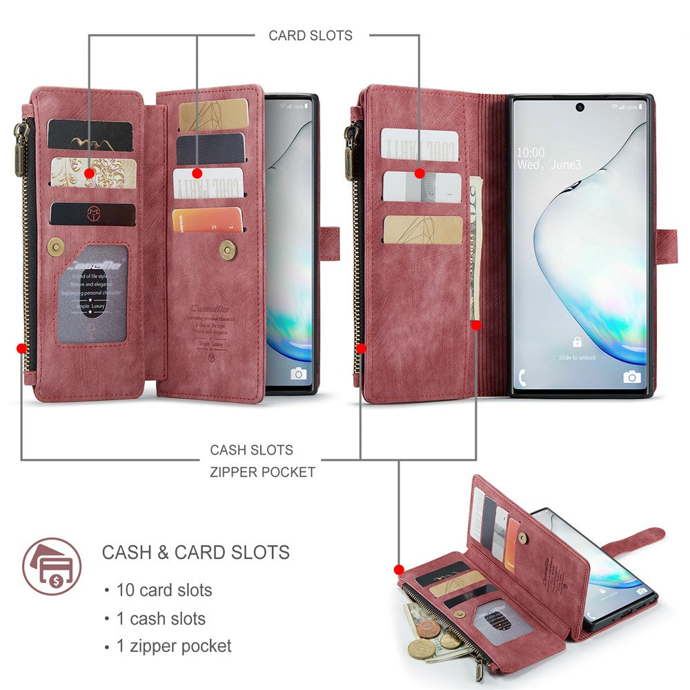 For Samsung Galaxy Note 10 Phone Cases with Strap CASEME C30 Zipper Multiple Card Holder PU Leather Cover