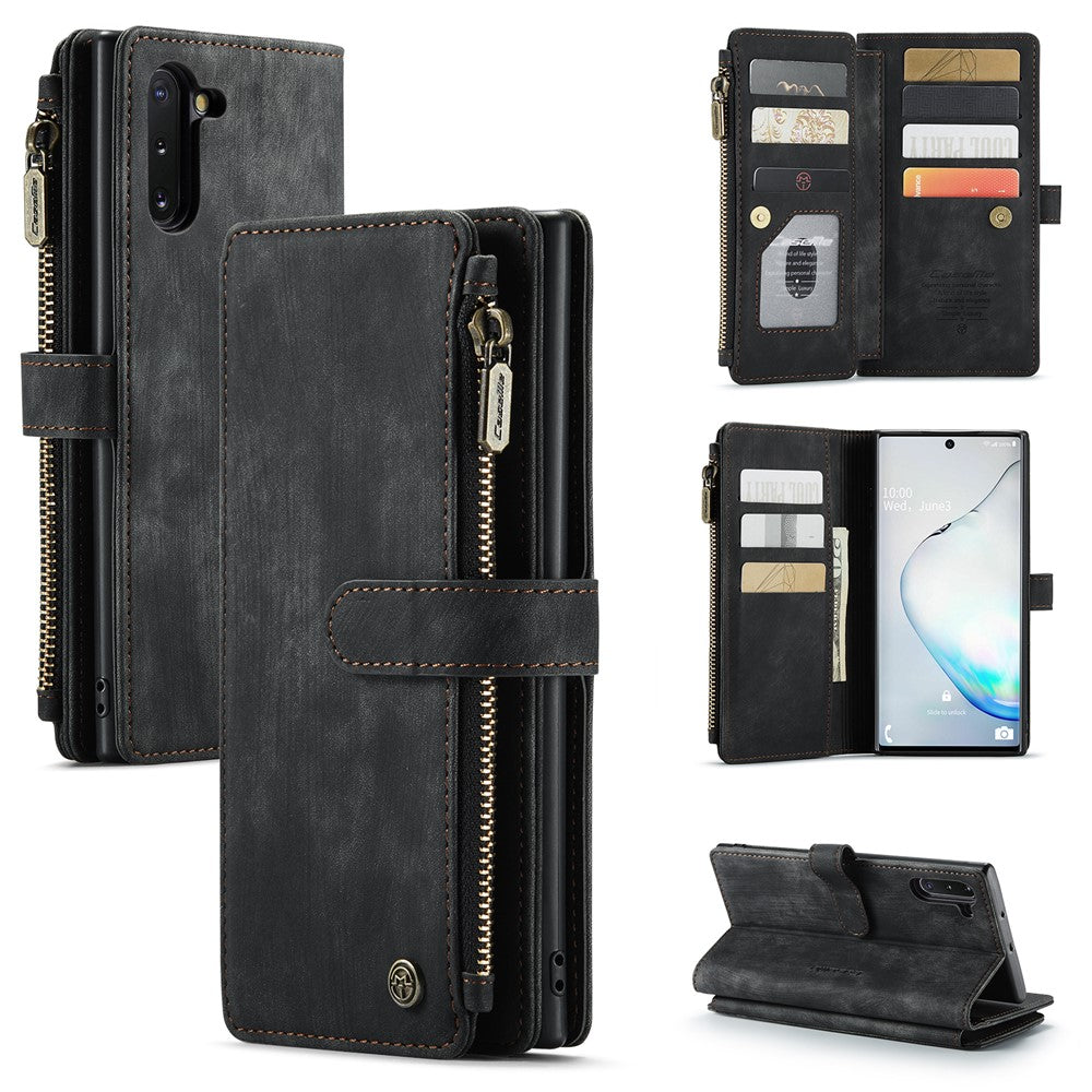 For Samsung Galaxy Note 10 Phone Cases with Strap CASEME C30 Zipper Multiple Card Holder PU Leather Cover