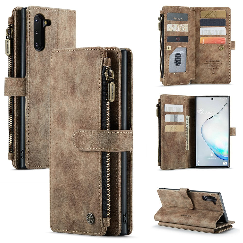 For Samsung Galaxy Note 10 Phone Cases with Strap CASEME C30 Zipper Multiple Card Holder PU Leather Cover