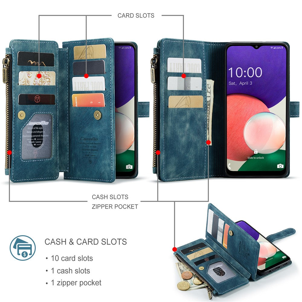 Til Samsung Galaxy A22 5G (EU) Telefonetuier med Rem CASEME C30 Lynlås Flere Kortlommer PU Læder Cover