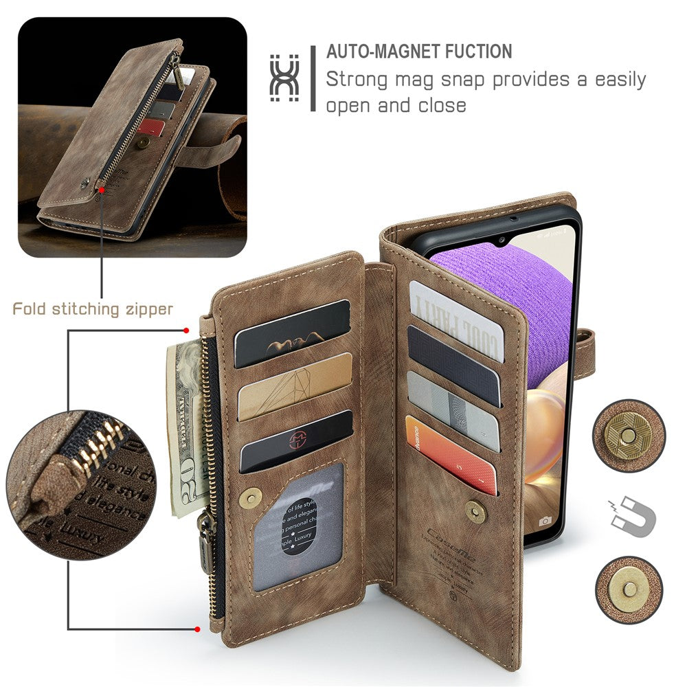 For Samsung Galaxy A32 5G / M32 5G Phone Cases with Strap CASEME C30 Zipper Multiple Card Holder PU Leather Cover