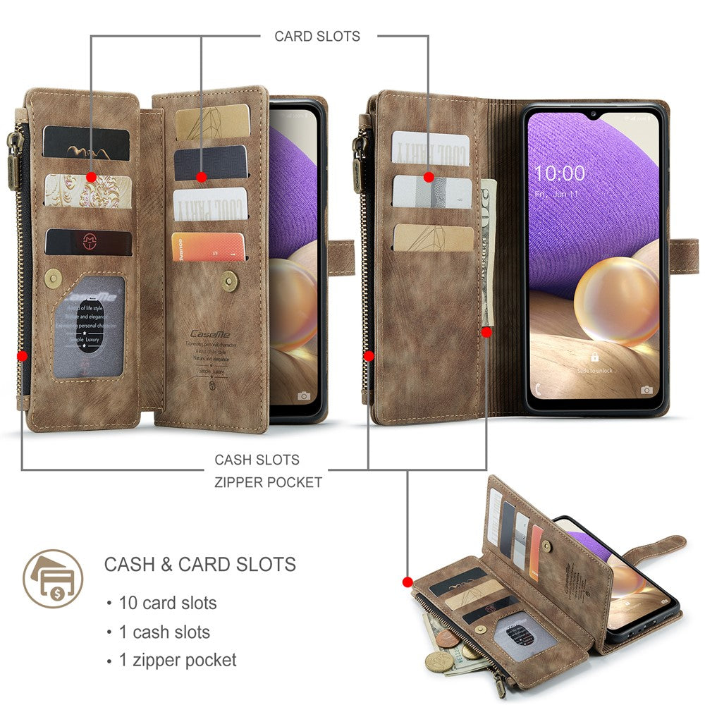 For Samsung Galaxy A32 5G / M32 5G Phone Cases with Strap CASEME C30 Zipper Multiple Card Holder PU Leather Cover