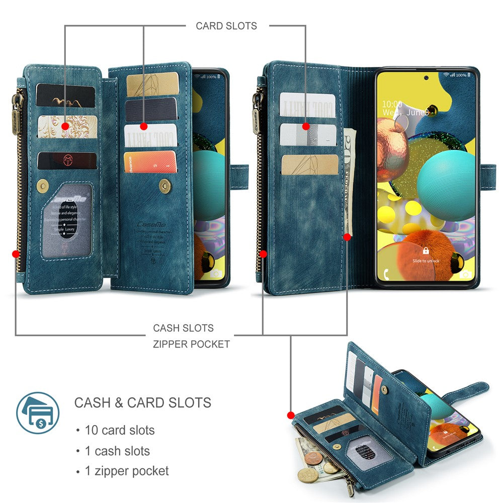 For Samsung Galaxy A51 4G SM-A515 Phone Cases with Strap CASEME C30 Zipper Multiple Card Holder PU Leather Cover