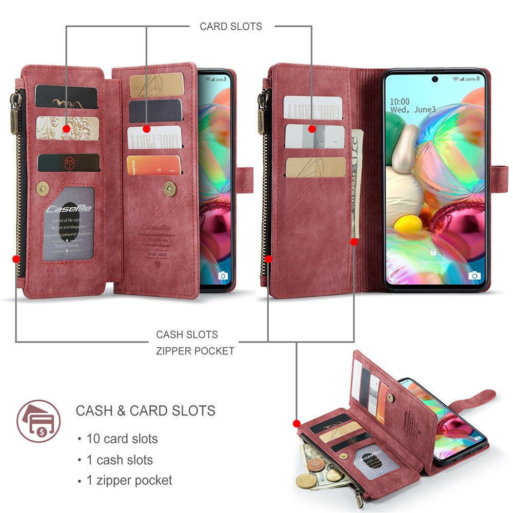 Til Samsung Galaxy A71 4G SM-A715 Telefonetuier med Rem CASEME C30 Lynlås Flere Kortrum PU Læder Cover