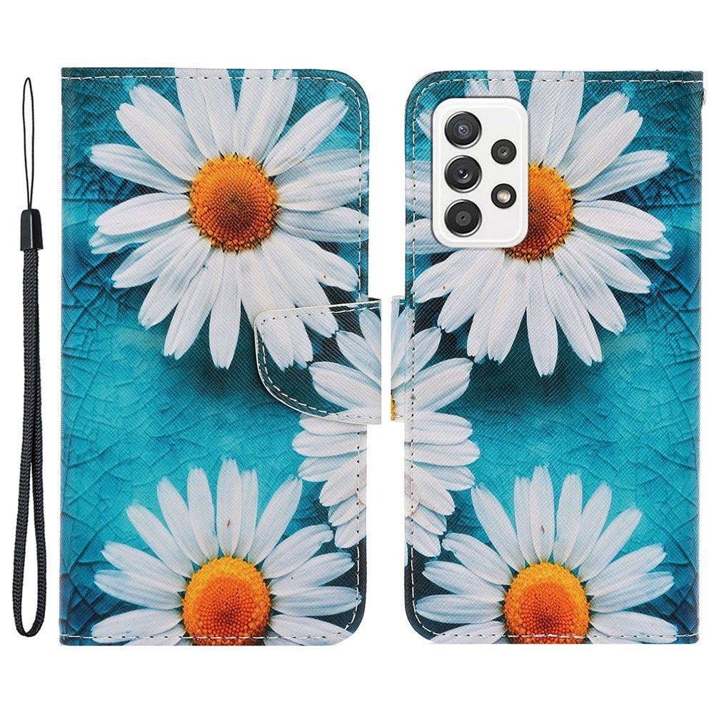 Pattern-Printing Cross Texture PU Leather Case for Samsung Galaxy A23 5G (Global Version) / 4G, Drop-Resistant Complete Covering Leather Wallet Stand Phone Shell + Strap