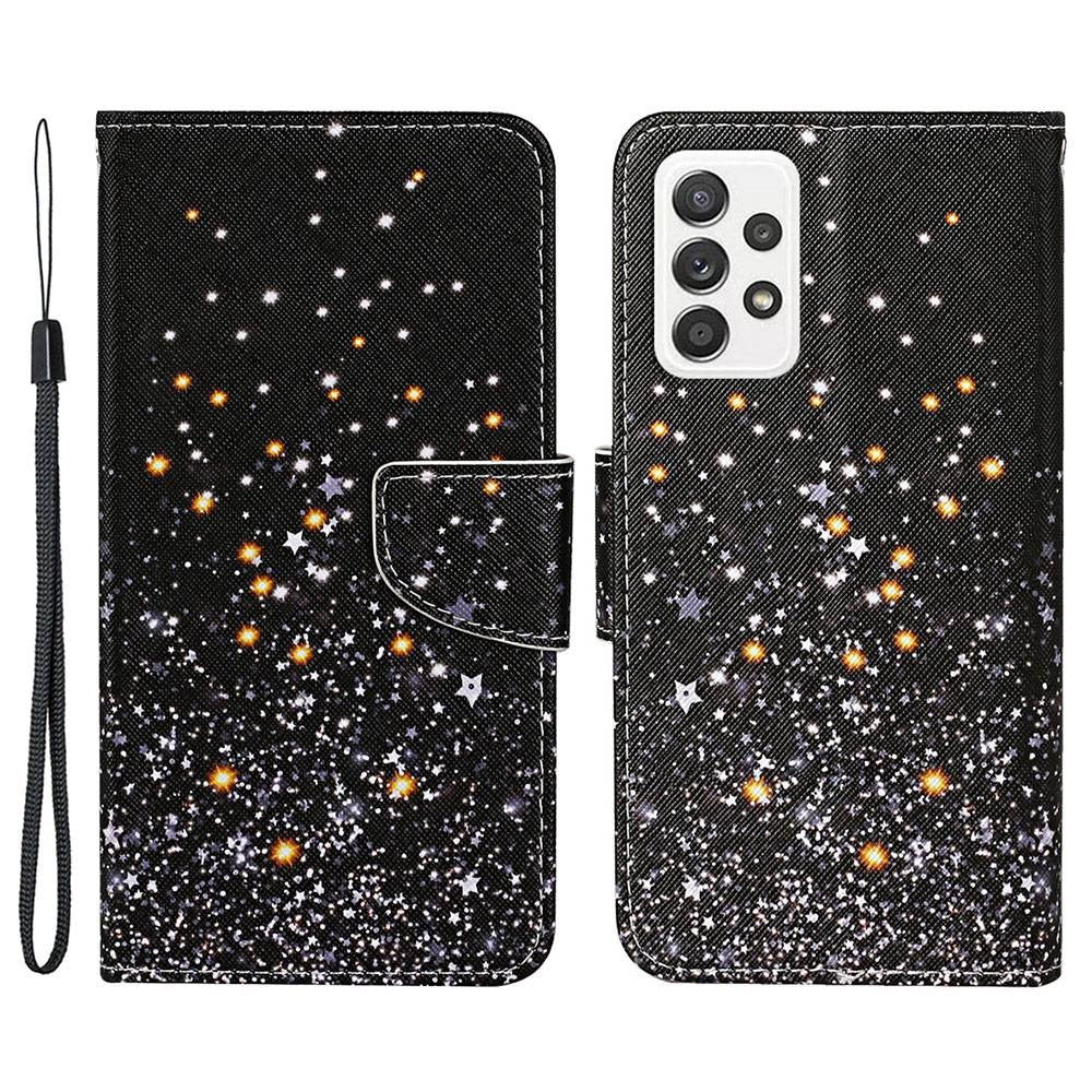 Pattern-Printing Cross Texture PU Leather Case for Samsung Galaxy A23 5G (Global Version) / 4G, Drop-Resistant Complete Covering Leather Wallet Stand Phone Shell + Strap