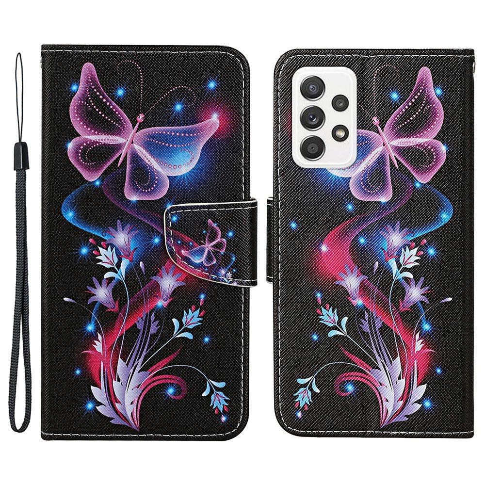 Pattern-Printing Cross Texture PU Leather Case for Samsung Galaxy A23 5G (Global Version) / 4G, Drop-Resistant Complete Covering Leather Wallet Stand Phone Shell + Strap