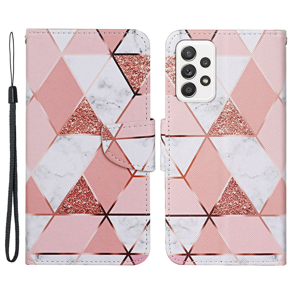 Pattern-Printing Cross Texture PU Leather Case for Samsung Galaxy A23 5G (Global Version) / 4G, Drop-Resistant Complete Covering Leather Wallet Stand Phone Shell + Strap