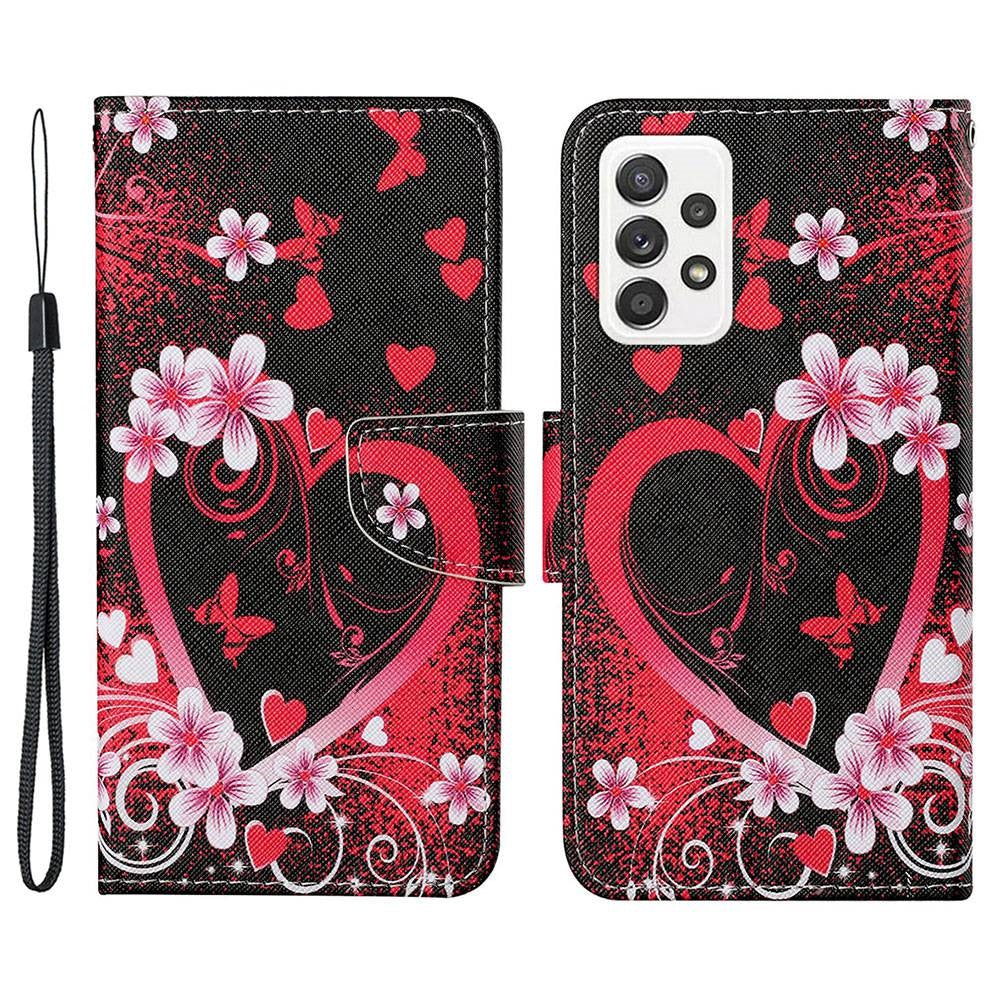 Pattern-Printing Cross Texture PU Leather Case for Samsung Galaxy A23 5G (Global Version) / 4G, Drop-Resistant Complete Covering Leather Wallet Stand Phone Shell + Strap