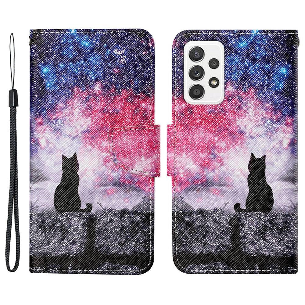 Pattern-Printing Cross Texture PU Leather Case for Samsung Galaxy A23 5G (Global Version) / 4G, Drop-Resistant Complete Covering Leather Wallet Stand Phone Shell + Strap
