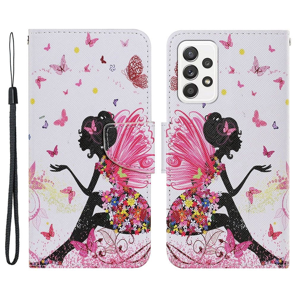 Pattern-Printing Cross Texture PU Leather Case for Samsung Galaxy A23 5G (Global Version) / 4G, Drop-Resistant Complete Covering Leather Wallet Stand Phone Shell + Strap