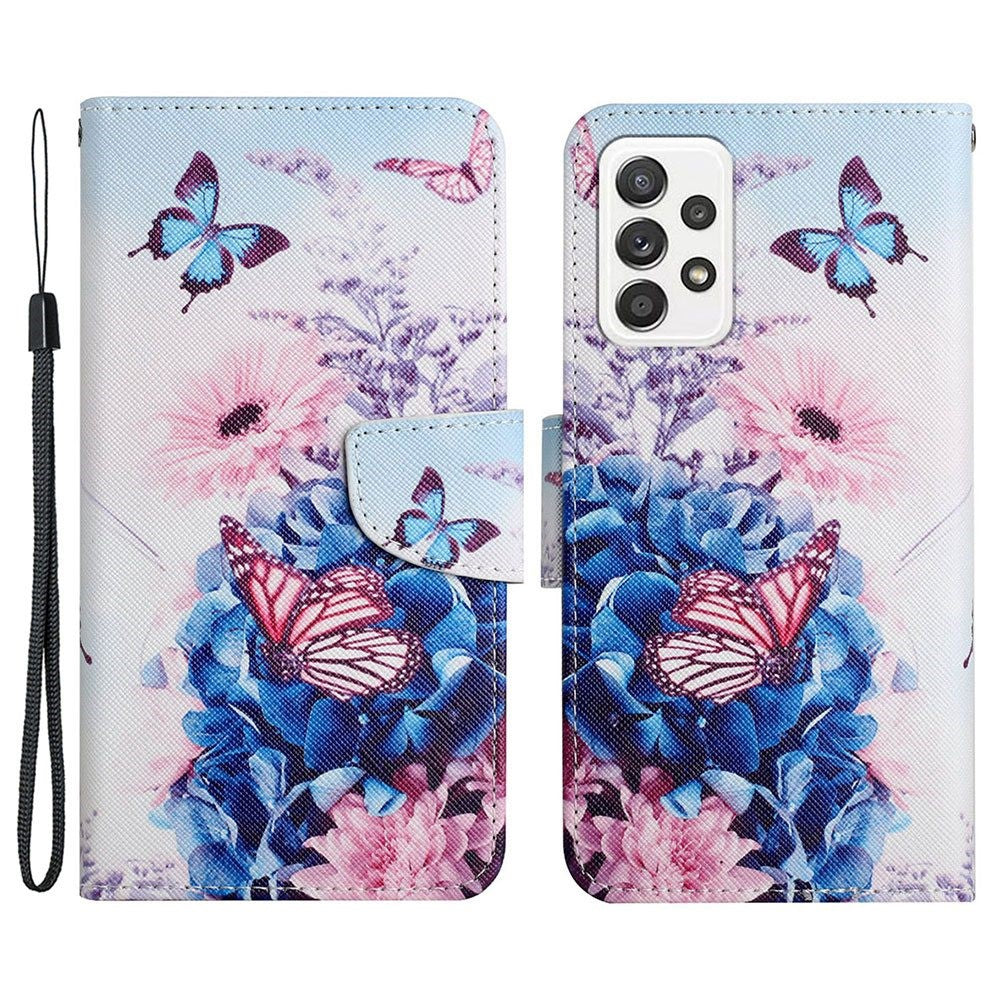 Pattern-Printing Cross Texture PU Leather Case for Samsung Galaxy A23 5G (Global Version) / 4G, Drop-Resistant Complete Covering Leather Wallet Stand Phone Shell + Strap