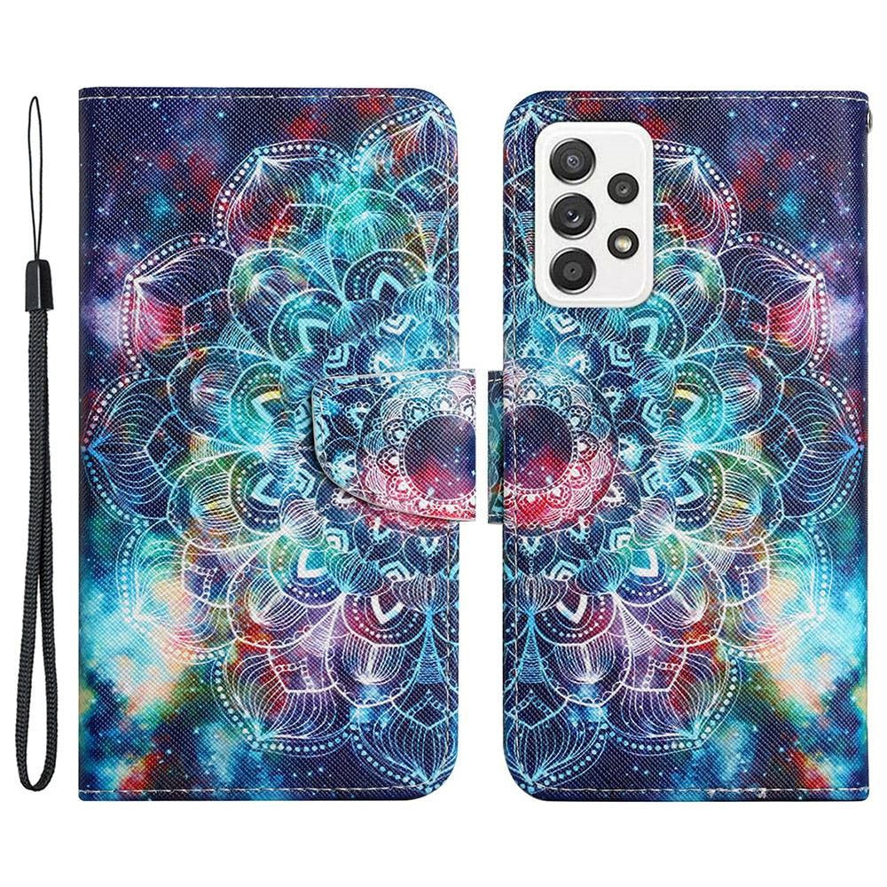 Pattern-Printing Cross Texture PU Leather Case for Samsung Galaxy A23 5G (Global Version) / 4G, Drop-Resistant Complete Covering Leather Wallet Stand Phone Shell + Strap