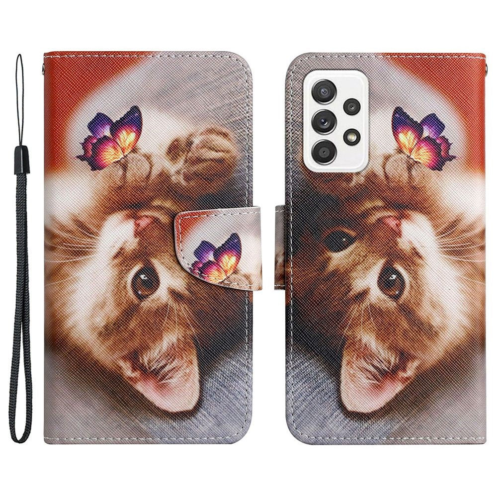 Pattern-Printing Cross Texture PU Leather Case for Samsung Galaxy A23 5G (Global Version) / 4G, Drop-Resistant Complete Covering Leather Wallet Stand Phone Shell + Strap