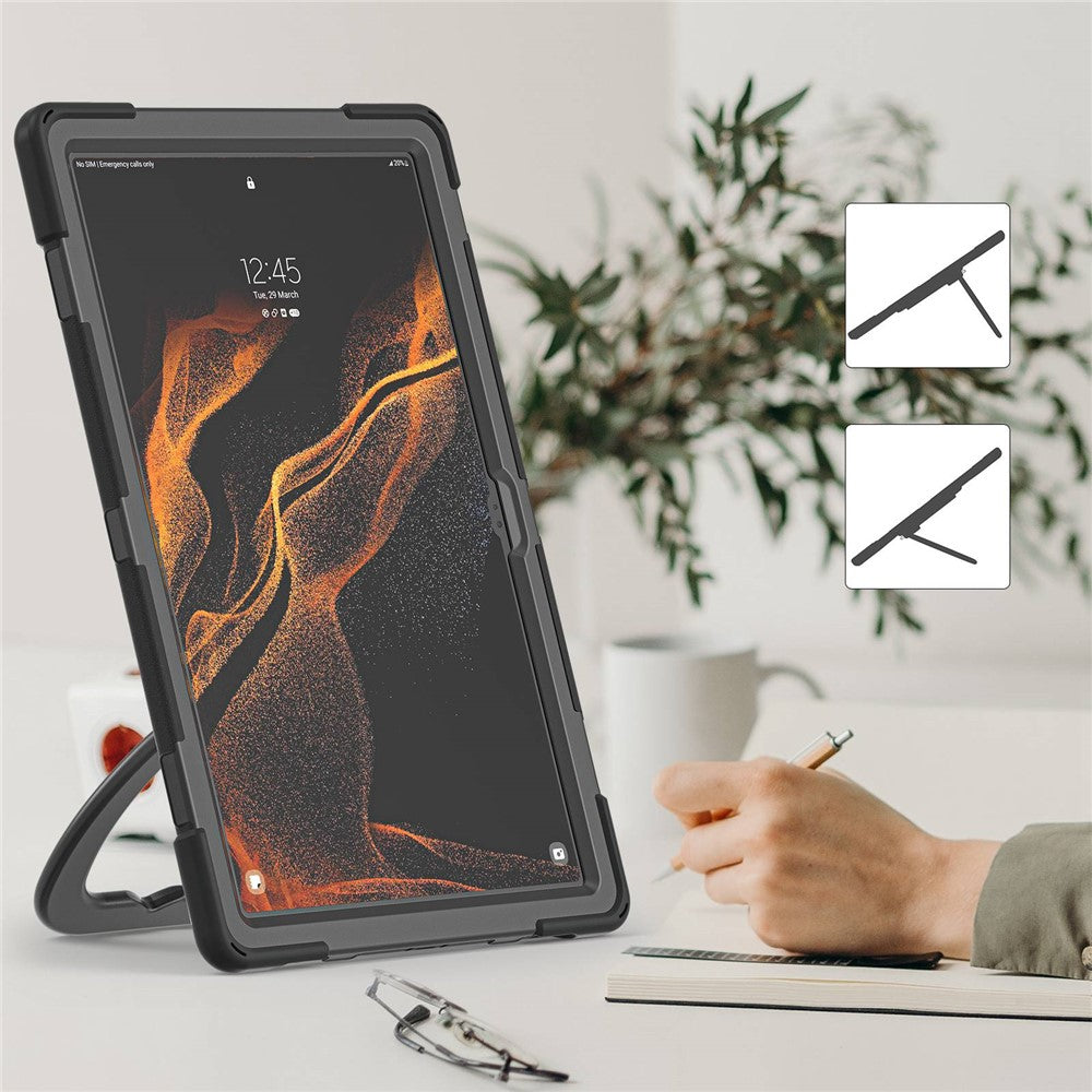 For Samsung Galaxy Tab S8 Ultra X900 / X906 / S9 Ultra X910 Rotary Kickstand PC + Silicone Tablet Case with Shoulder Strap