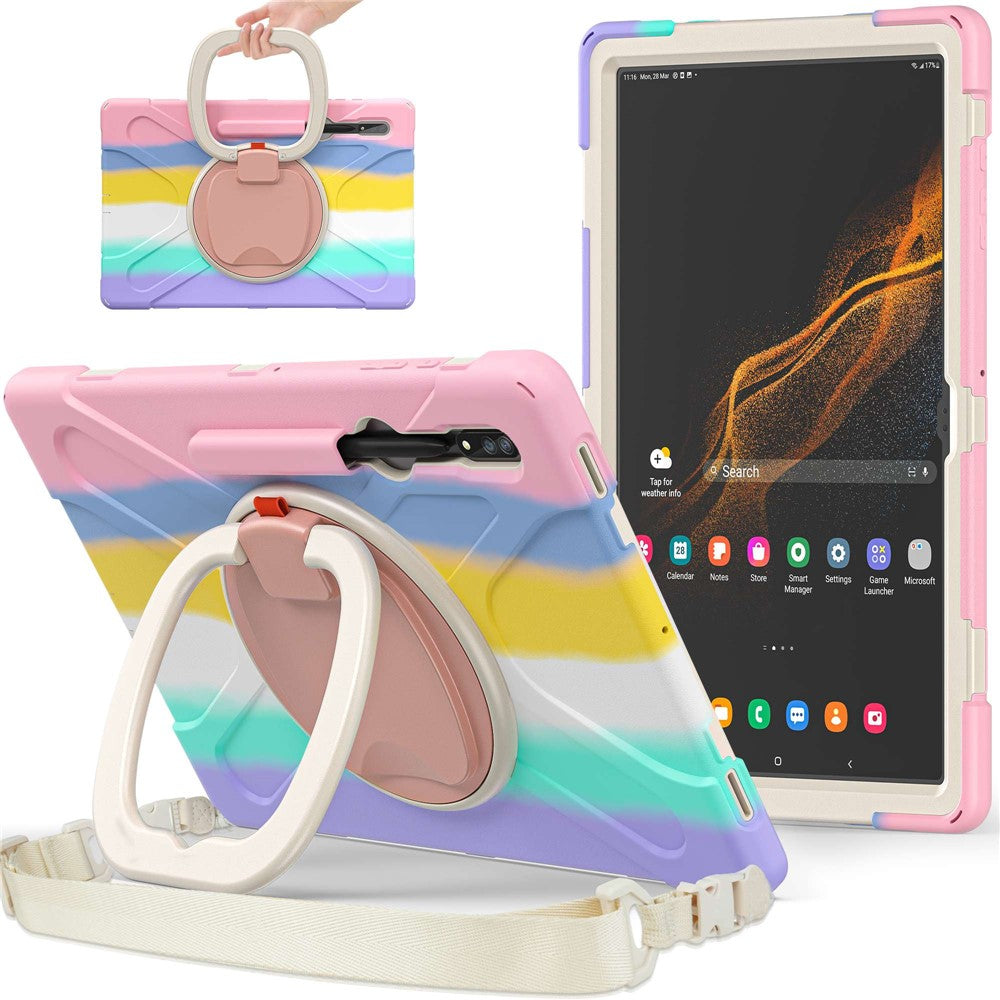 For Samsung Galaxy Tab S8 Ultra X900 / X906 / S9 Ultra X910 Rotary Kickstand PC + Silicone Tablet Case with Shoulder Strap