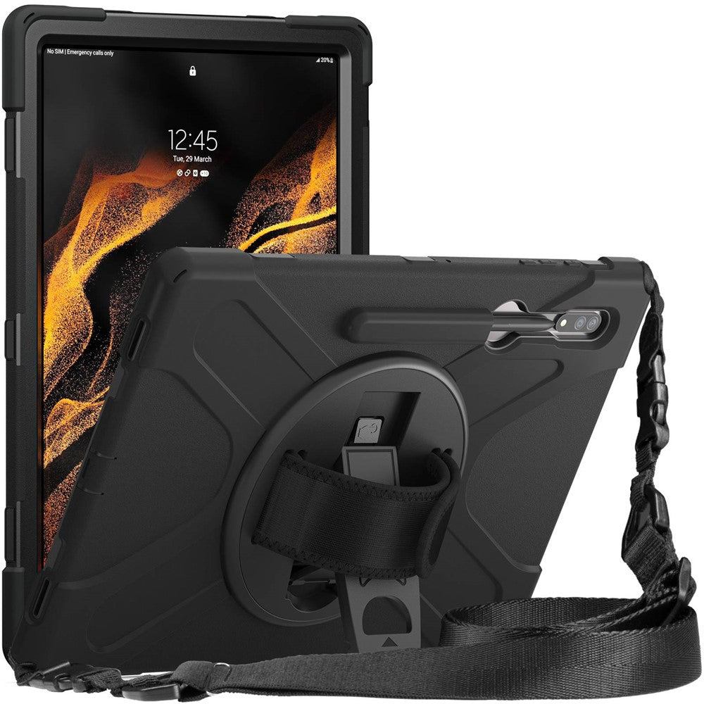 For Samsung Galaxy Tab S8 Ultra X900 / X906 / S9 Ultra X910 Kickstand Tablet Case Pen Slot Hand Strap PC + TPU Cover with Shoulder Strap