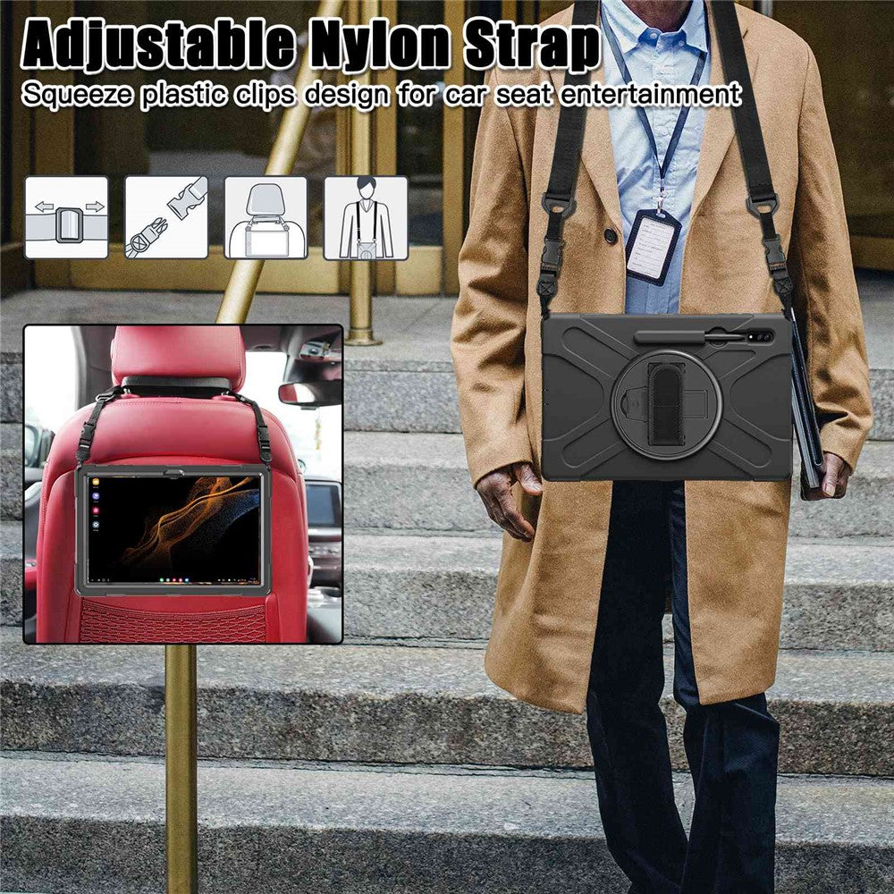 For Samsung Galaxy Tab S8 Ultra X900 / X906 / S9 Ultra X910 Kickstand Tablet Case Pen Slot Hand Strap PC + TPU Cover with Shoulder Strap