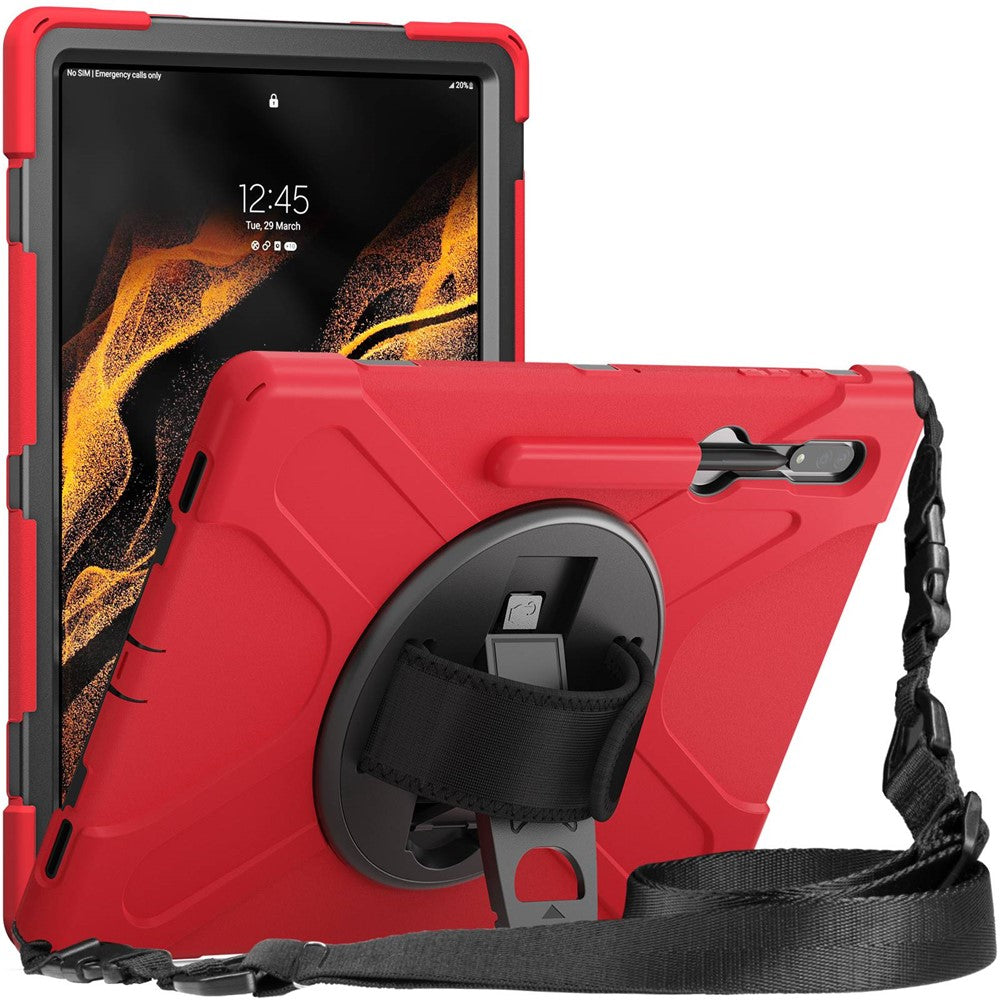 For Samsung Galaxy Tab S8 Ultra X900 / X906 / S9 Ultra X910 Kickstand Tablet Case Pen Slot Hand Strap PC + TPU Cover with Shoulder Strap