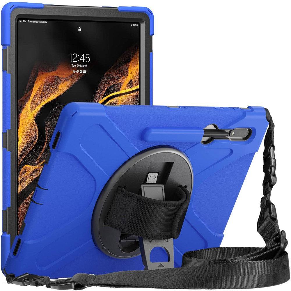 For Samsung Galaxy Tab S8 Ultra X900 / X906 / S9 Ultra X910 Kickstand Tablet Case Pen Slot Hand Strap PC + TPU Cover with Shoulder Strap