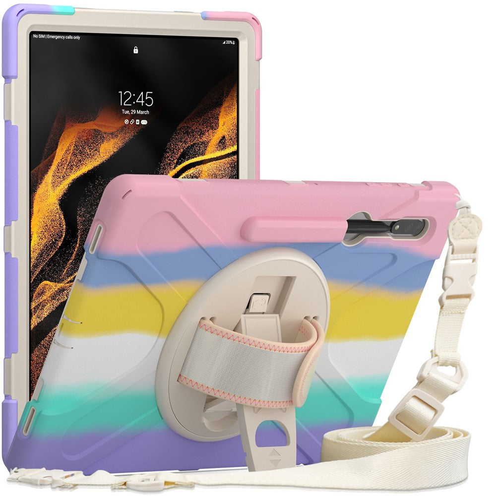 For Samsung Galaxy Tab S8 Ultra X900 / X906 / S9 Ultra X910 Kickstand Tablet Case Pen Slot Hand Strap PC + TPU Cover with Shoulder Strap