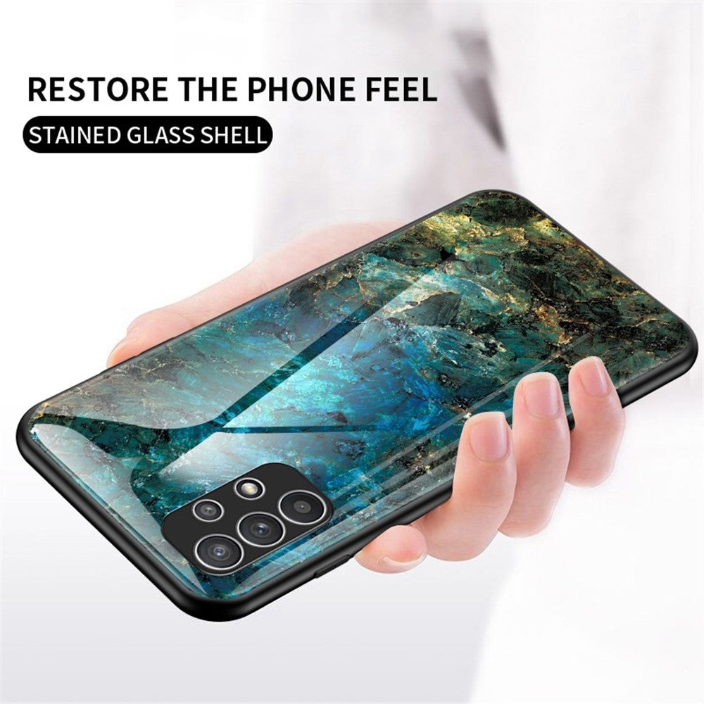 Til Samsung Galaxy A23 5G (global version) / 4G Glat touch marmormønster hærdet glas + PC + TPU anti-fingeraftryk telefoncover