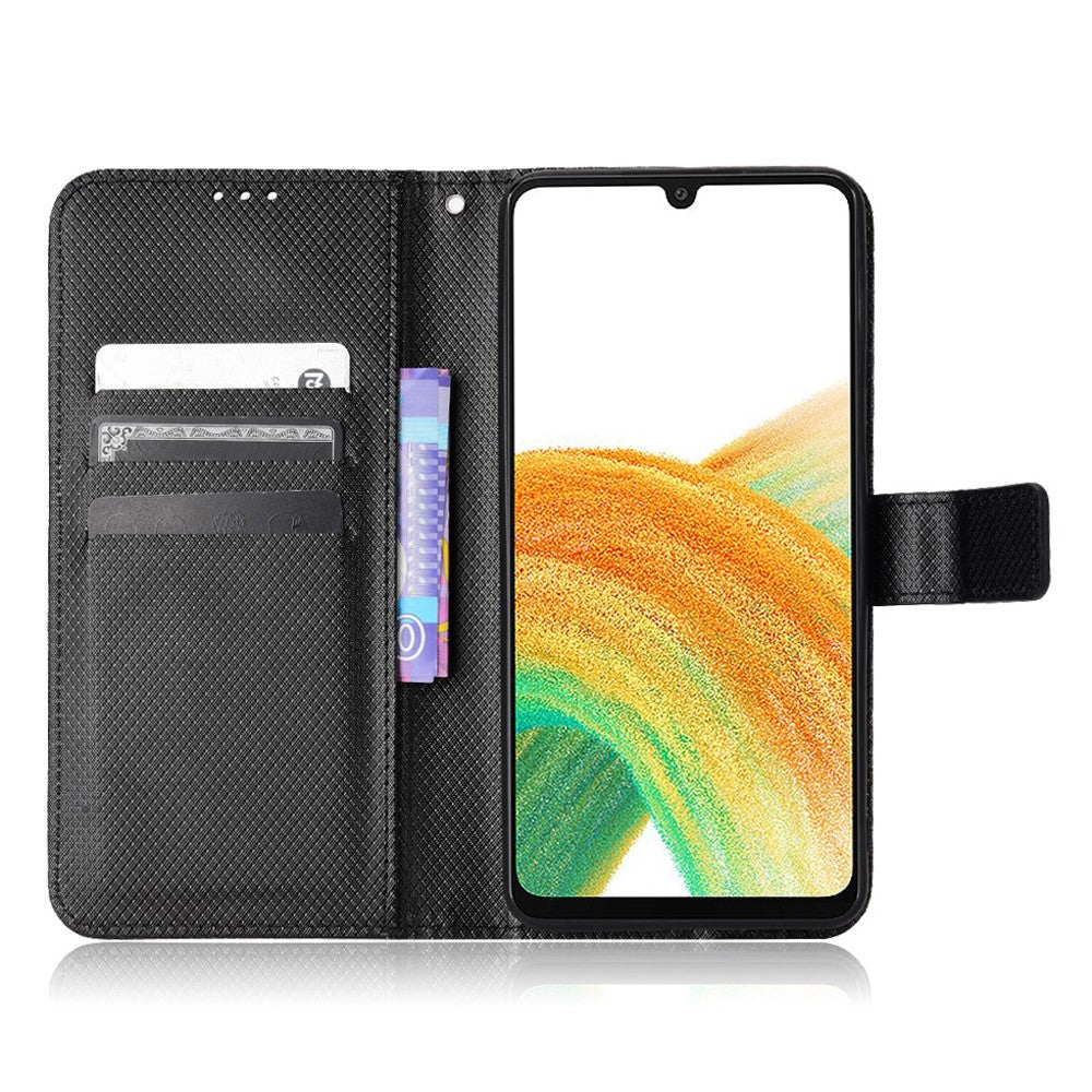 For Samsung Galaxy A23 5G (Global Version) / 4G / M23 5G / F23 5G Diamond Texture Protective Leather Case Wallet Stand Magnetic Closure TPU Shell Flip Cover with Strap