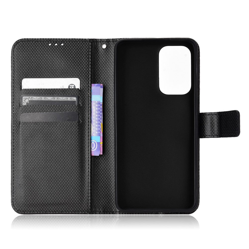 For Samsung Galaxy A23 5G (Global Version) / 4G / M23 5G / F23 5G Diamond Texture Protective Leather Case Wallet Stand Magnetic Closure TPU Shell Flip Cover with Strap