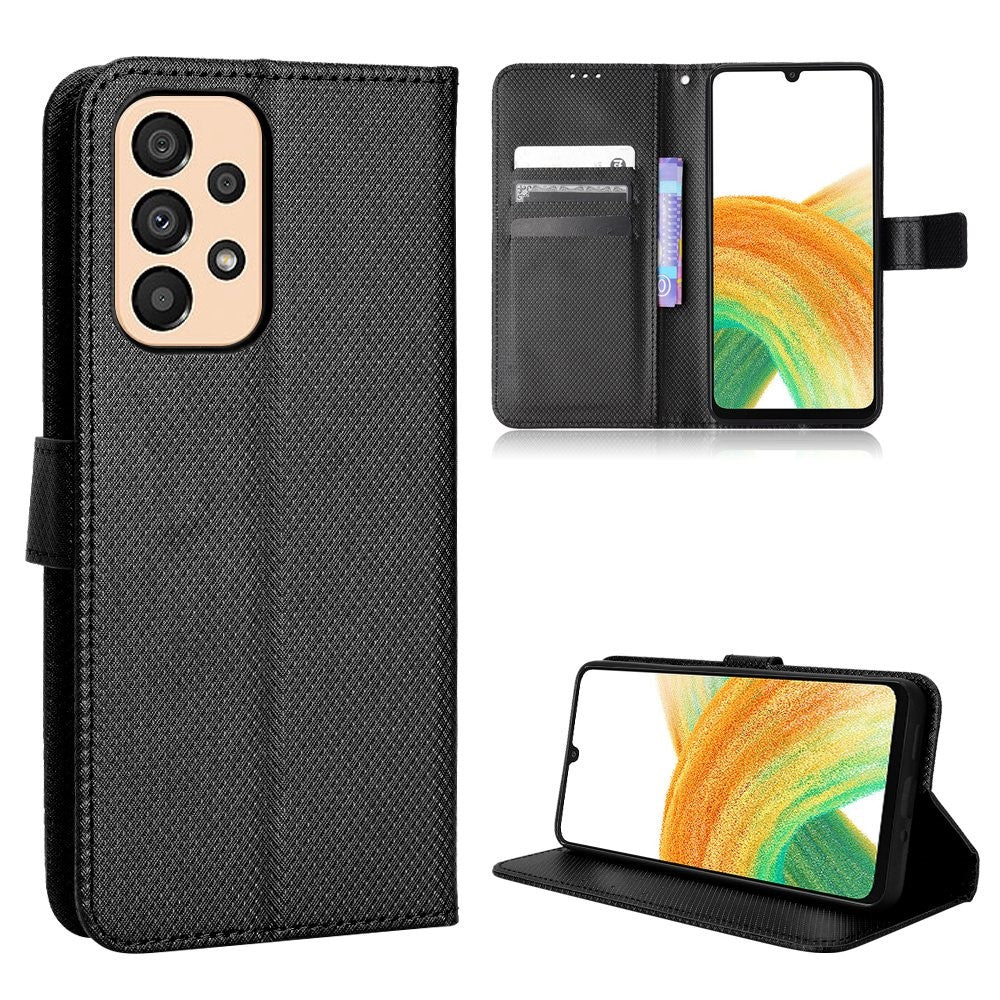 For Samsung Galaxy A23 5G (Global Version) / 4G / M23 5G / F23 5G Diamond Texture Protective Leather Case Wallet Stand Magnetic Closure TPU Shell Flip Cover with Strap