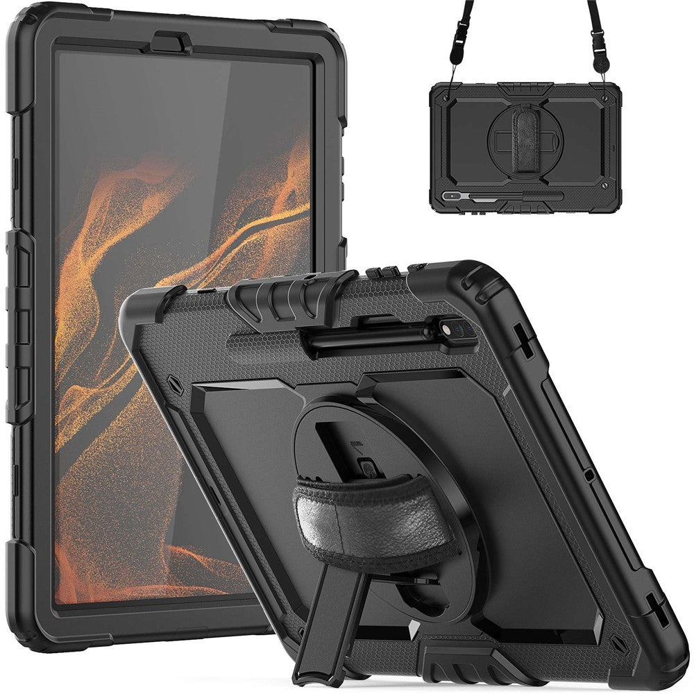 Samsung Galaxy Tab S8+ Wi-Fi SM-X800/5G SM-X806B/SM-X806U/SM-X806N 12,4" (2022) skærmbeskyttende tabletcover i PC + silikone + PET med skulderrem og stander