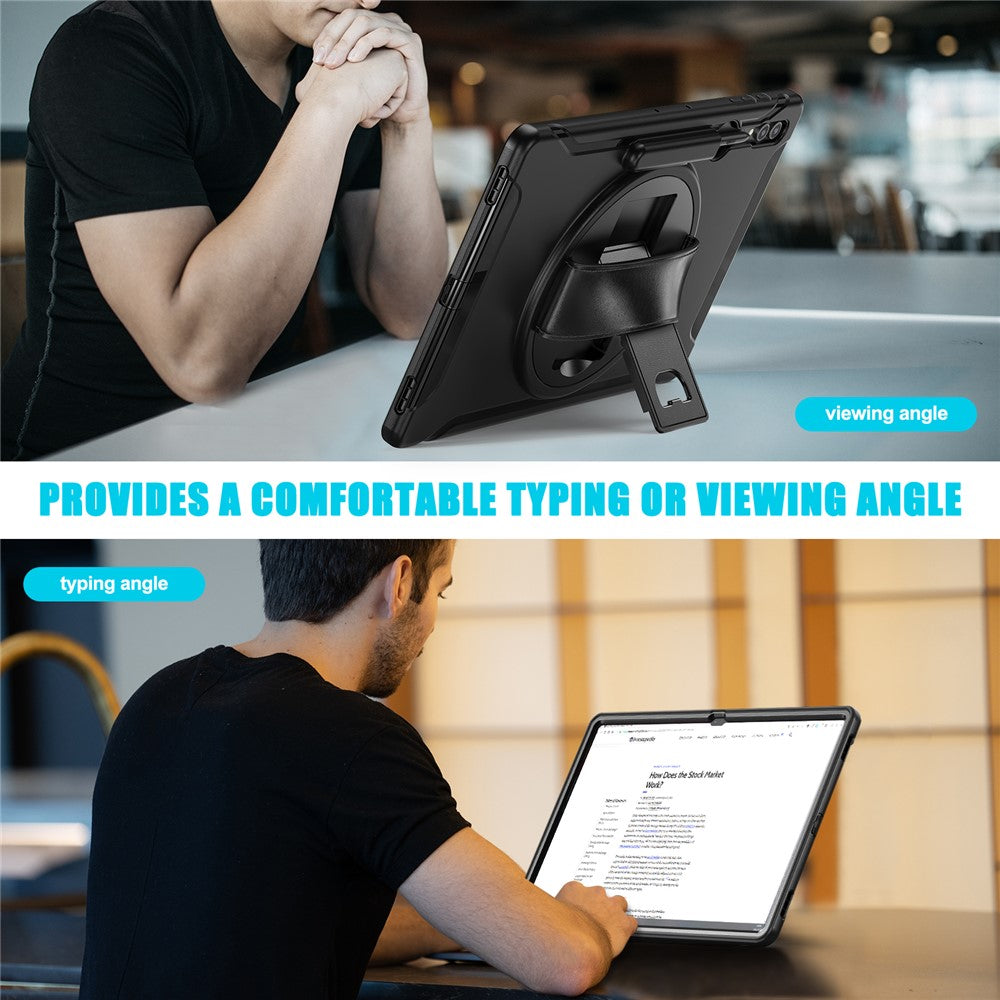 Til Samsung Galaxy Tab S8 Ultra X900 / X906 / S9 Ultra 360-graders drejeligt støtteben PC + TPU tablet cover med håndrem