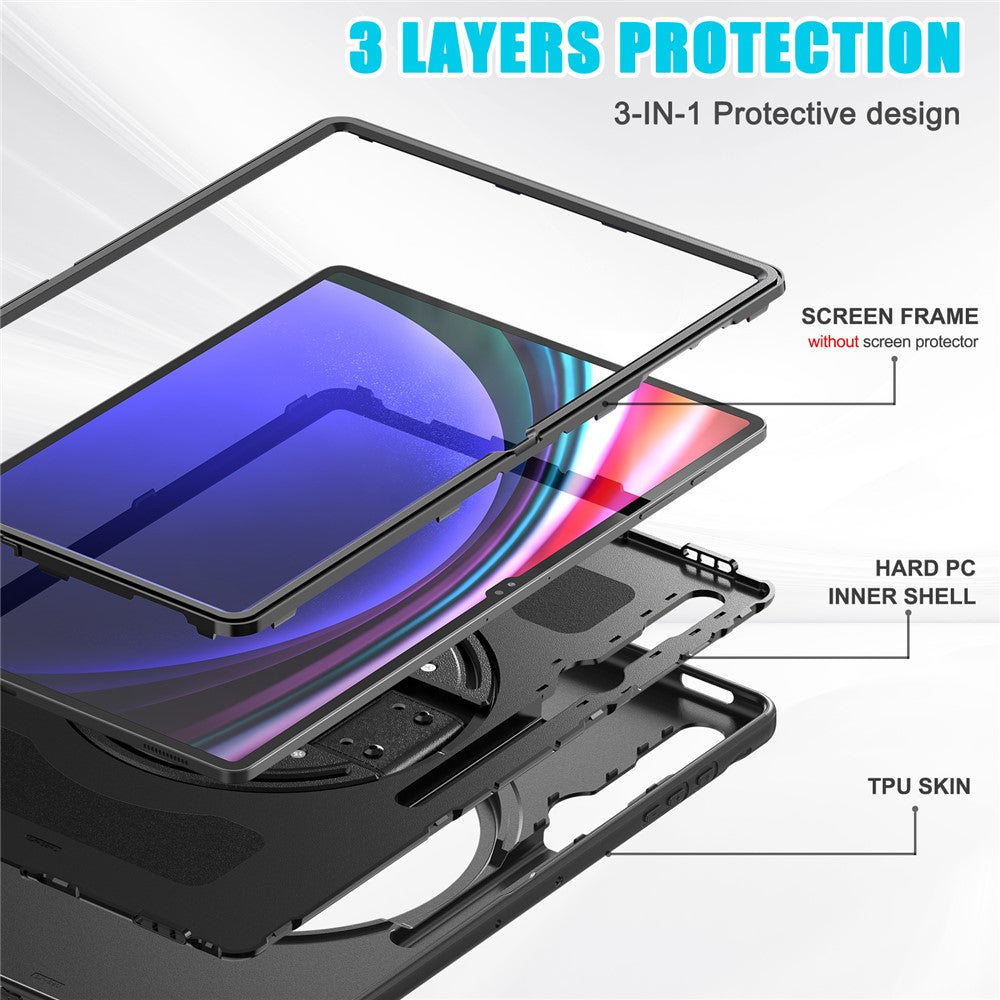 Til Samsung Galaxy Tab S8 Ultra X900 / X906 / S9 Ultra 360-graders drejeligt støtteben PC + TPU tablet cover med håndrem