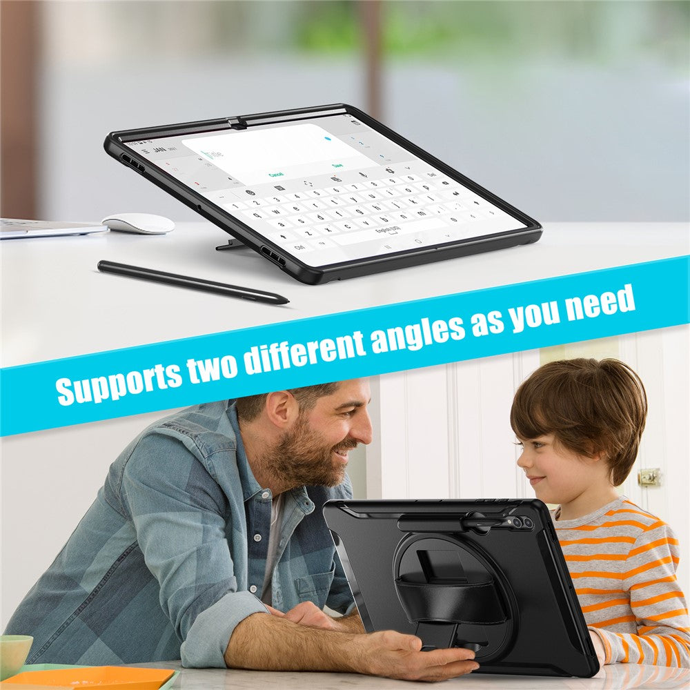 Til Samsung Galaxy Tab S8 Ultra X900 / X906 / S9 Ultra 360-graders drejeligt støtteben PC + TPU tablet cover med håndrem