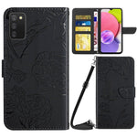 For Samsung Galaxy A03s (165.8mm) (US) PU Leather Case Butterfly and Flower Imprint Stand Wallet Phone Cover with Shoulder Strap