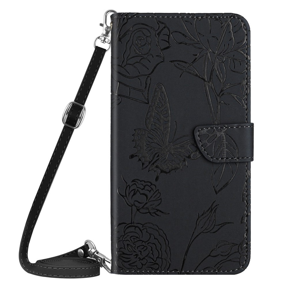 For Samsung Galaxy A03s (165.8mm) (US) PU Leather Case Butterfly and Flower Imprint Stand Wallet Phone Cover with Shoulder Strap