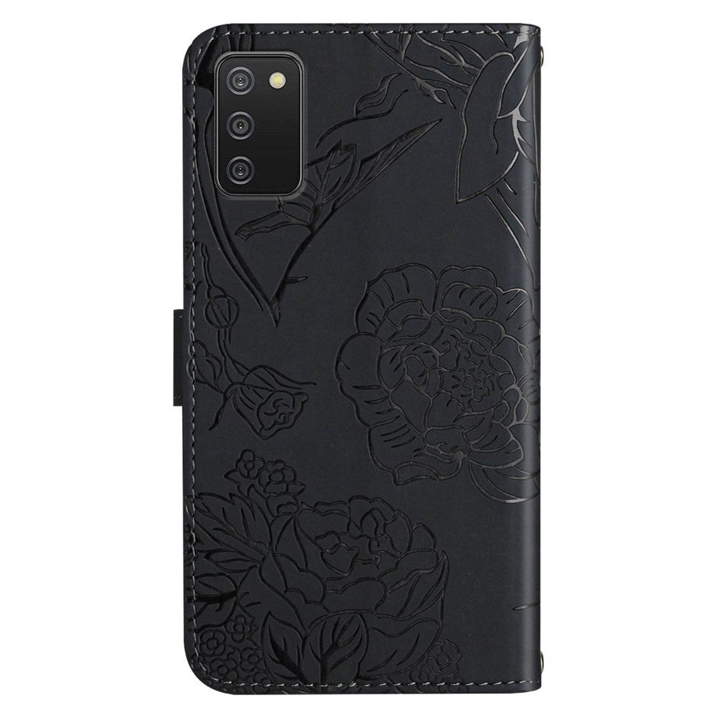 For Samsung Galaxy A03s (165.8mm) (US) PU Leather Case Butterfly and Flower Imprint Stand Wallet Phone Cover with Shoulder Strap