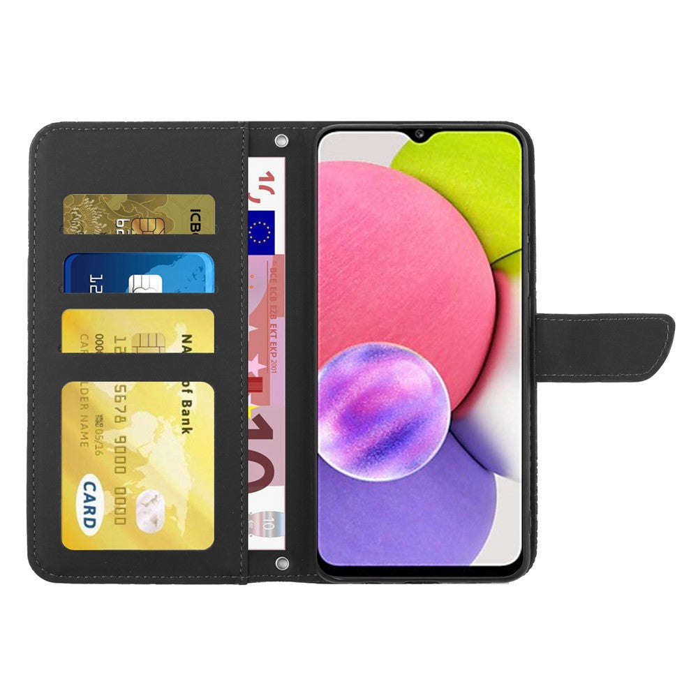For Samsung Galaxy A03s (165.8mm) (US) PU Leather Case Butterfly and Flower Imprint Stand Wallet Phone Cover with Shoulder Strap