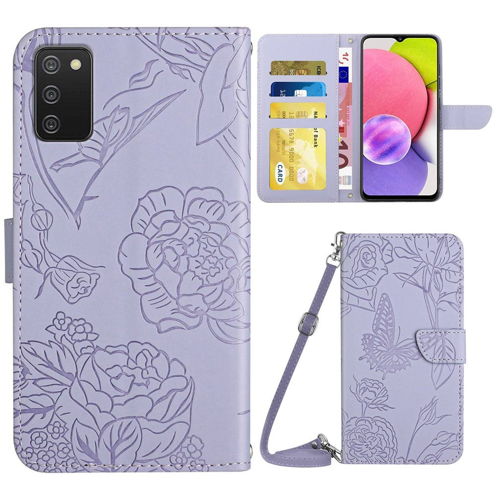 For Samsung Galaxy A03s (165.8mm) (US) PU Leather Case Butterfly and Flower Imprint Stand Wallet Phone Cover with Shoulder Strap