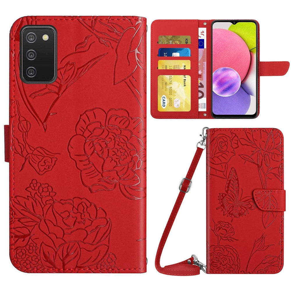 For Samsung Galaxy A03s (165.8mm) (US) PU Leather Case Butterfly and Flower Imprint Stand Wallet Phone Cover with Shoulder Strap