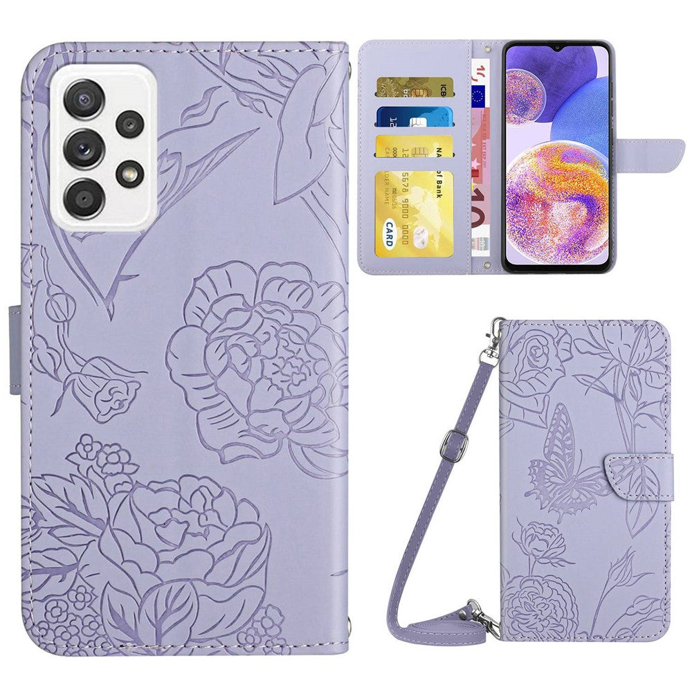 Samsung Galaxy A23 5G (Global Version) / 4G, PU-läderfodral med hudkänsla, mönster med fjärilar och blommor, stativ, plånboksfodral med axelrem