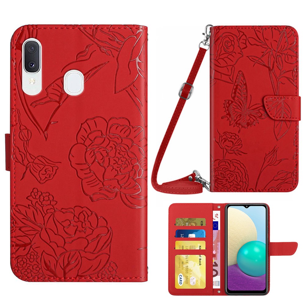 Samsung Galaxy A20e mobilskal Väska Skin-touch PU-läder Mönster Prägling Mönster Design Stativ Plånbok mobilskal med Axelrem