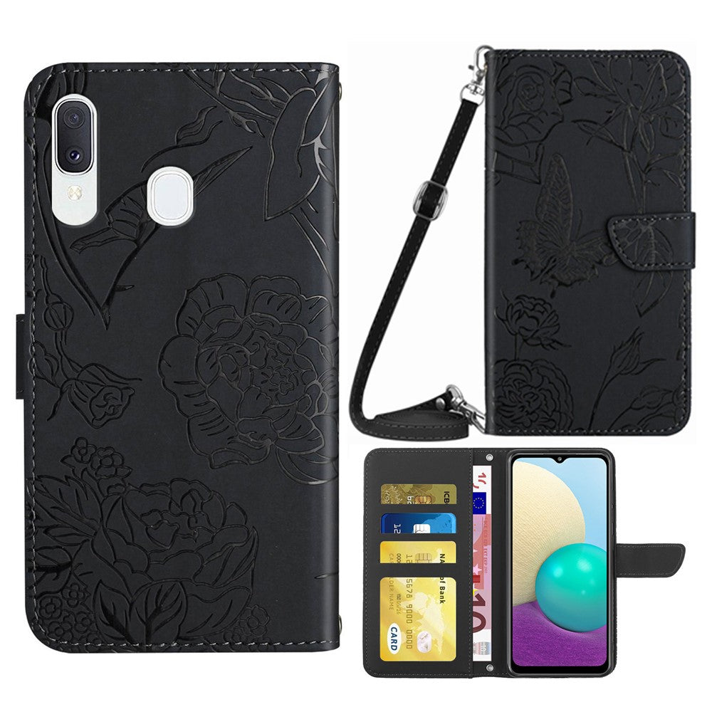 Samsung Galaxy A20e mobilskal Väska Skin-touch PU-läder Mönster Prägling Mönster Design Stativ Plånbok mobilskal med Axelrem