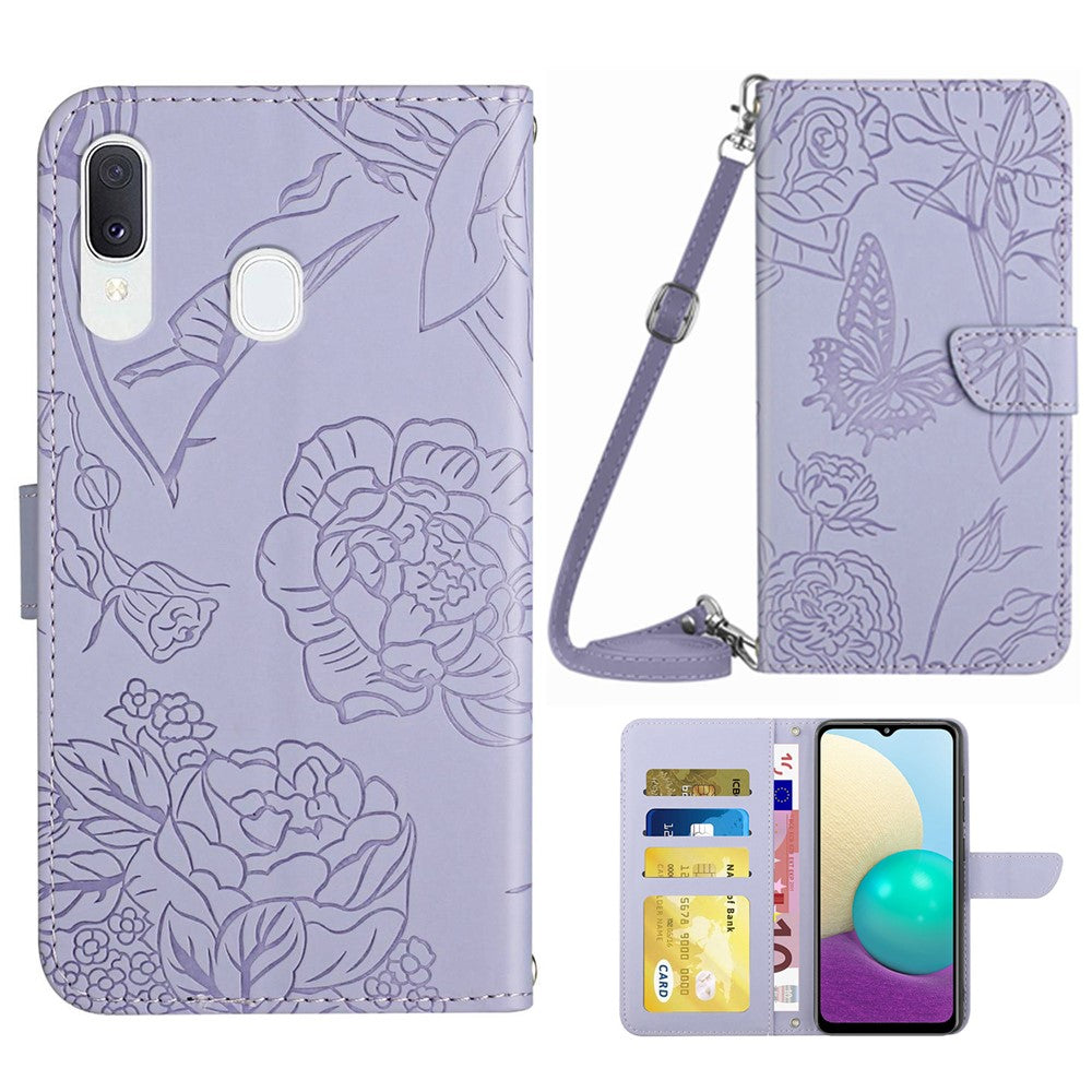 Samsung Galaxy A20e mobilskal Väska Skin-touch PU-läder Mönster Prägling Mönster Design Stativ Plånbok mobilskal med Axelrem