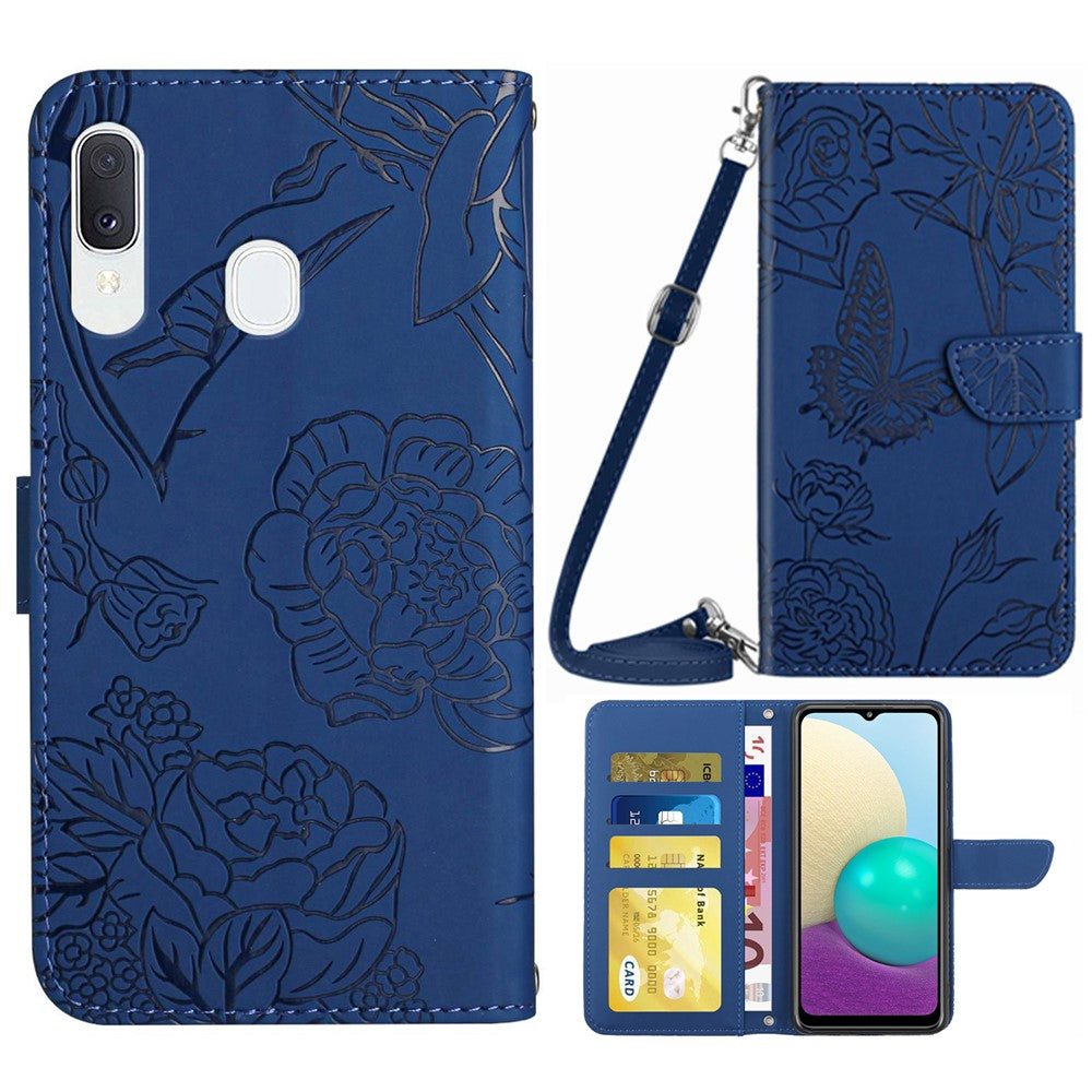 For Samsung Galaxy A20e Phone Shell Bag Skin-touch PU Leather Pattern Imprinting Pattern Design Stand Wallet Phone Cover with Shoulder Strap