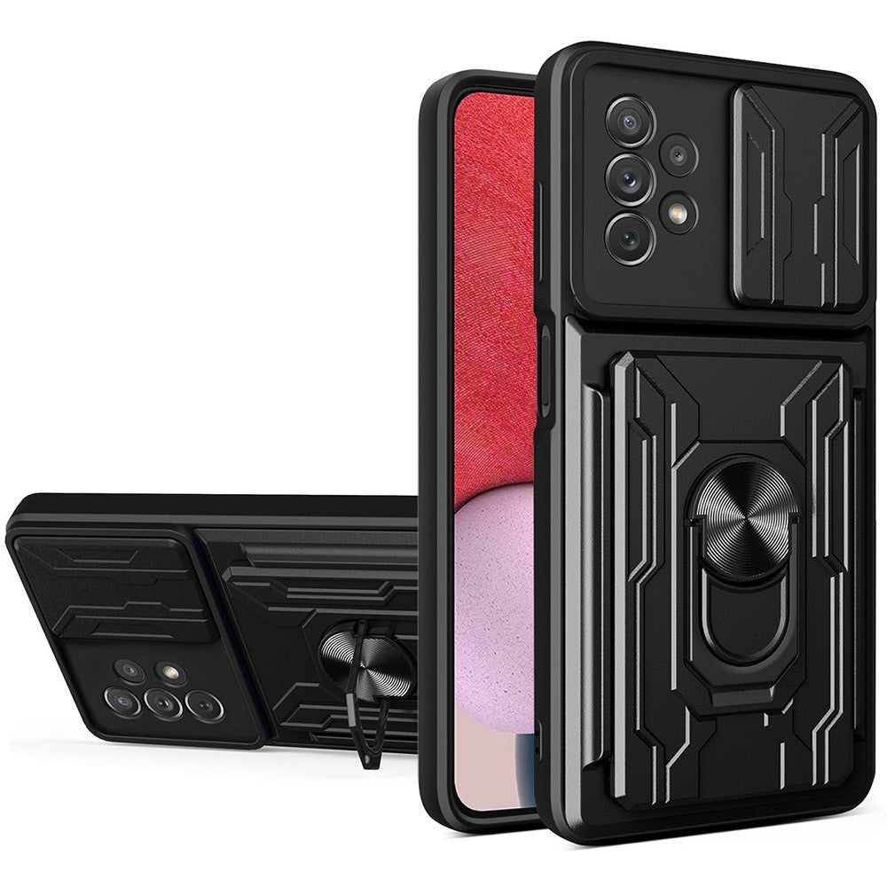 Slide Camera Protection Phone Case for Samsung Galaxy A13 4G, Ring Kickstand PC + TPU Hybrid Cover